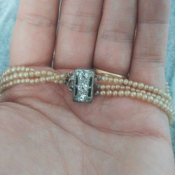 Vintage Three Strand Graduated Faux Pearl Necklace with Rhinestone Box Clasp - Picture 3 of 5